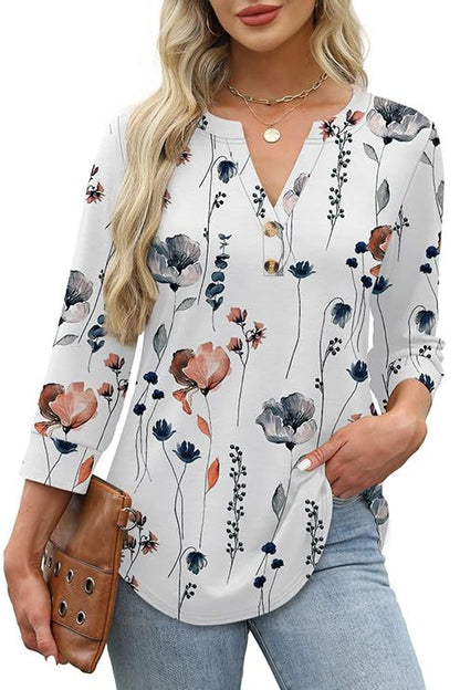 2026 New Womens 3/4 Sleeve Heley Button V neck Tops(BUY 3 FREE SHIPPING)