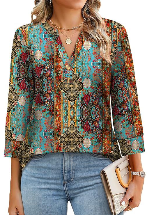 2026 New Womens 3/4 Sleeve Heley Button V neck Tops(BUY 3 FREE SHIPPING)