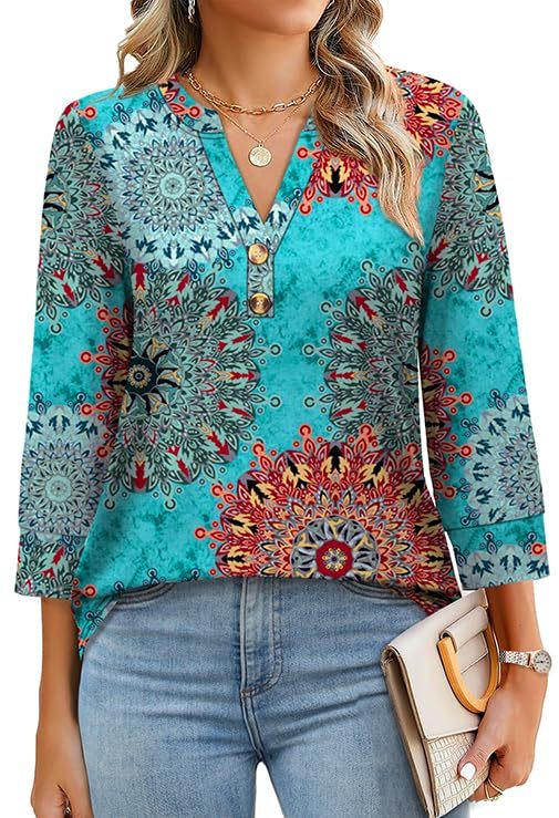 2026 New Womens 3/4 Sleeve Heley Button V neck Tops(BUY 3 FREE SHIPPING)