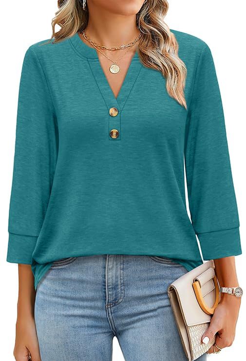 2026 New Womens 3/4 Sleeve Heley Button V neck Tops(BUY 3 FREE SHIPPING)