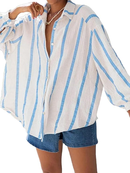 ✨Women's striped button-down long-sleeved shirt（BUY 2 FREE SHIPPING)