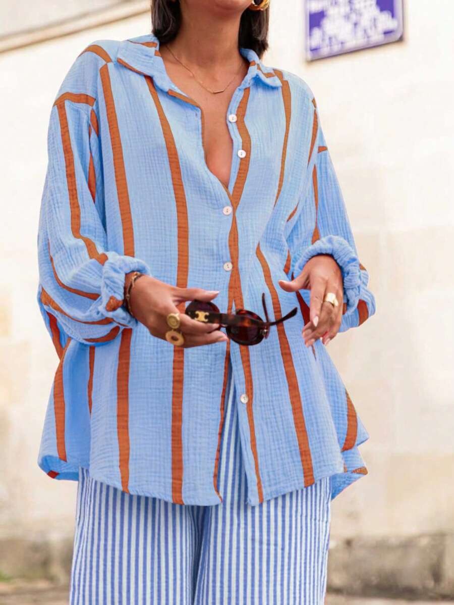 ✨Women's striped button-down long-sleeved shirt（BUY 2 FREE SHIPPING)