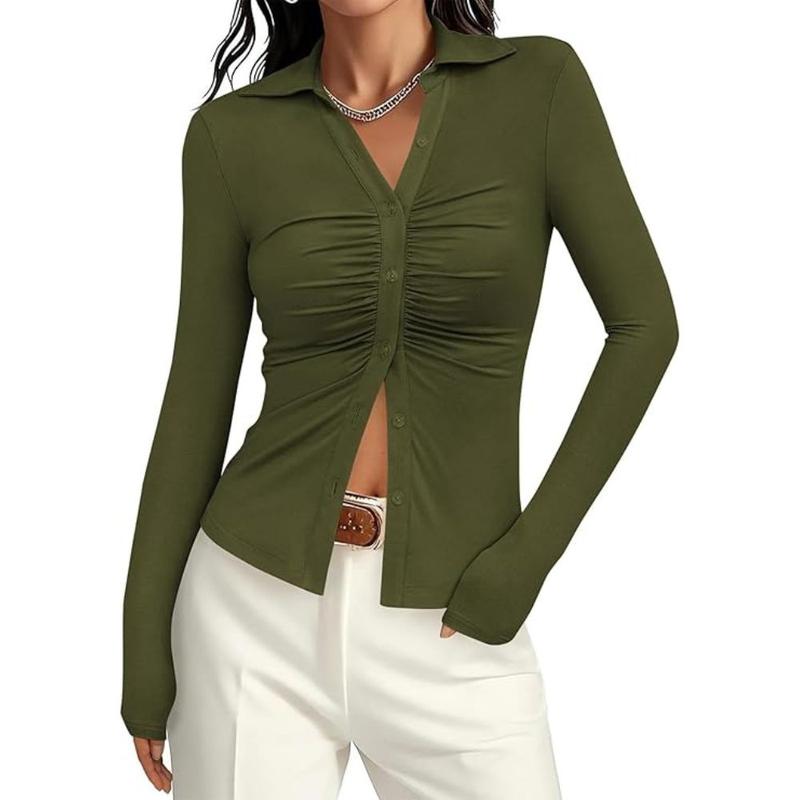 Womens' Button Down Shirts V Neck Collared Ruched Slim Fit Long Sleeve Shirt Casual Fashion Ladies Tops