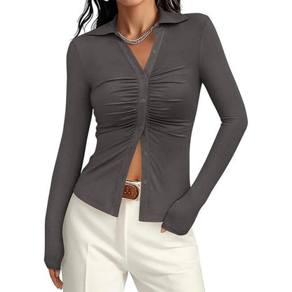 Womens' Button Down Shirts V Neck Collared Ruched Slim Fit Long Sleeve Shirt Casual Fashion Ladies Tops