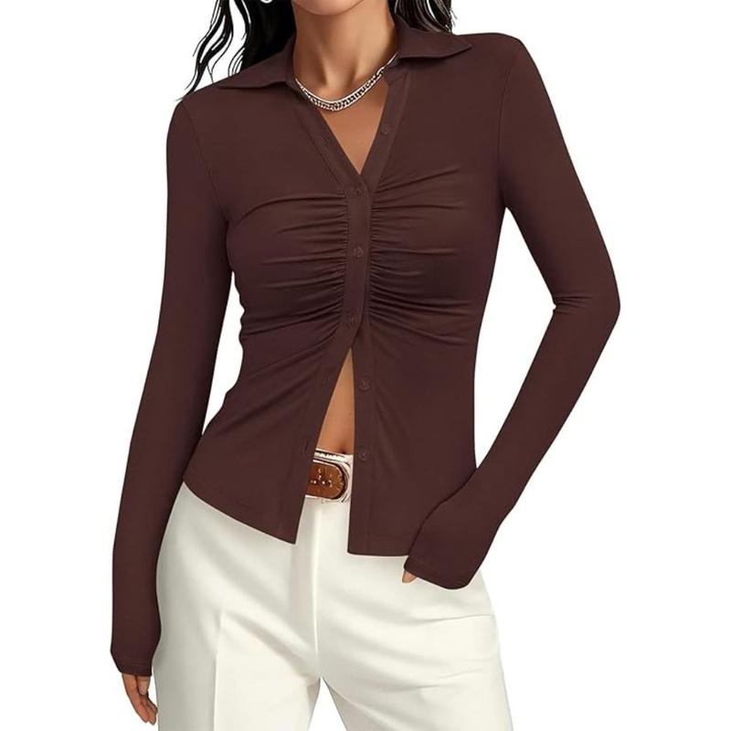 Womens' Button Down Shirts V Neck Collared Ruched Slim Fit Long Sleeve Shirt Casual Fashion Ladies Tops