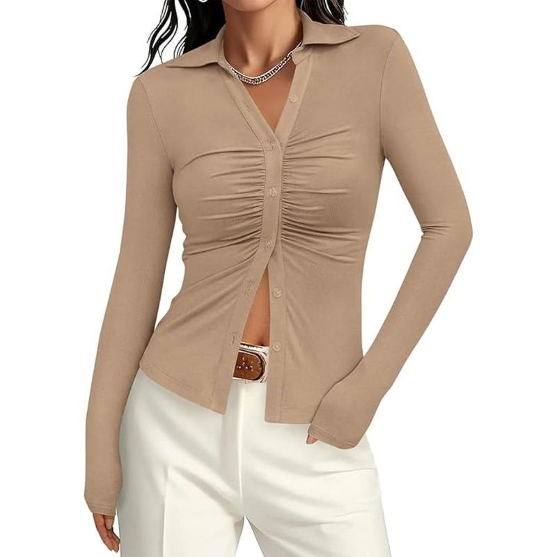 Womens' Button Down Shirts V Neck Collared Ruched Slim Fit Long Sleeve Shirt Casual Fashion Ladies Tops