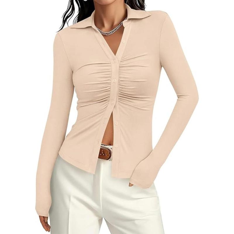 Womens' Button Down Shirts V Neck Collared Ruched Slim Fit Long Sleeve Shirt Casual Fashion Ladies Tops