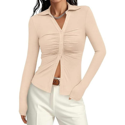Womens' Button Down Shirts V Neck Collared Ruched Slim Fit Long Sleeve Shirt Casual Fashion Ladies Tops