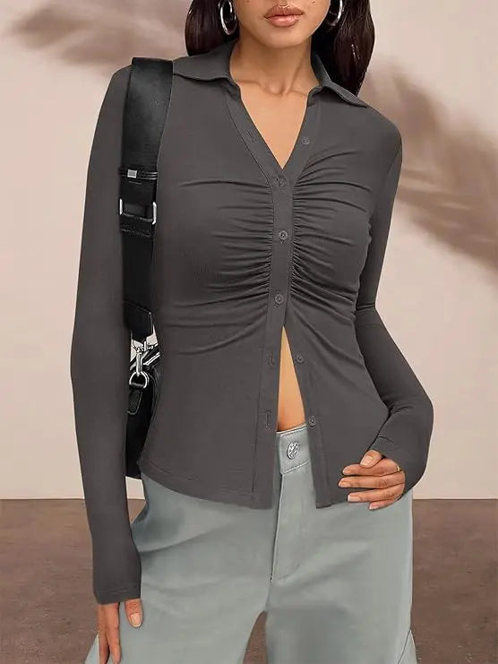 Womens' Button Down Shirts V Neck Collared Ruched Slim Fit Long Sleeve Shirt Casual Fashion Ladies Tops