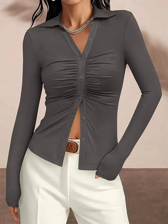 Womens' Button Down Shirts V Neck Collared Ruched Slim Fit Long Sleeve Shirt Casual Fashion Ladies Tops