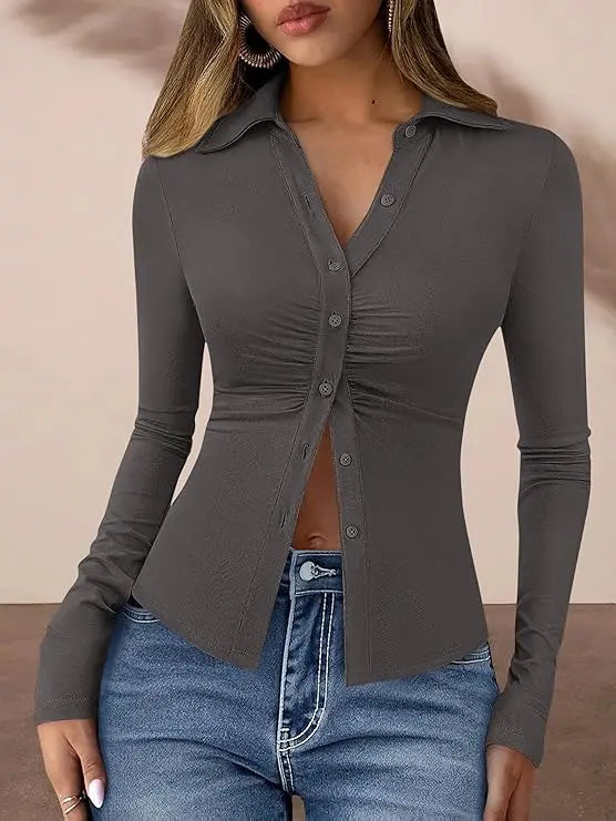 Womens' Button Down Shirts V Neck Collared Ruched Slim Fit Long Sleeve Shirt Casual Fashion Ladies Tops