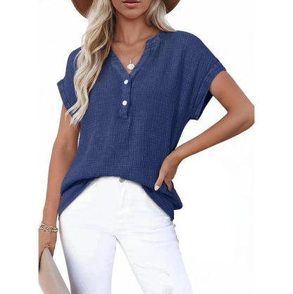 Loose-Fit V-Neck Textured Short-Sleeve Top with Buttons（BUY 2 FREE SHIPPING)