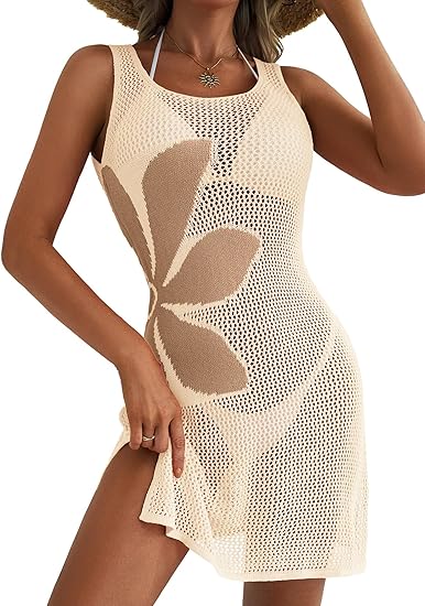 2026 New Women's Summer Crochet Beach Cover-Up Dress — Floral, Open-Knit, Slit, Sleeveless Swimwear Cover-Up