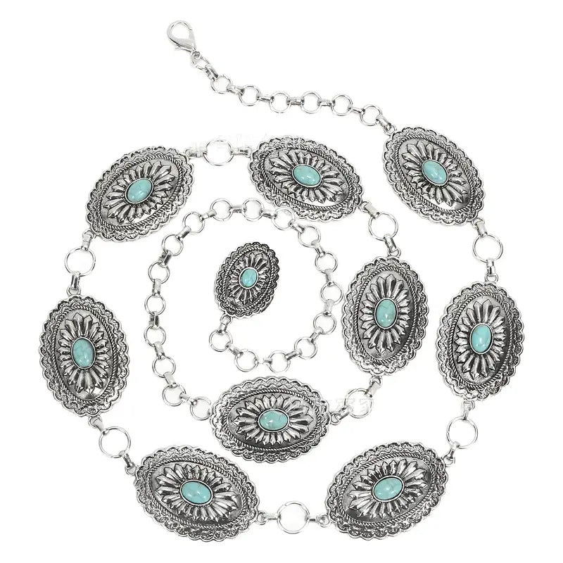 Vintage-Style Carved Belt with Turquoise Inlay (Ethnic Style)