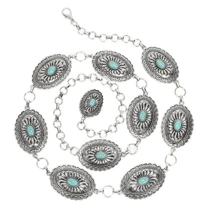 Vintage-Style Carved Belt with Turquoise Inlay (Ethnic Style)