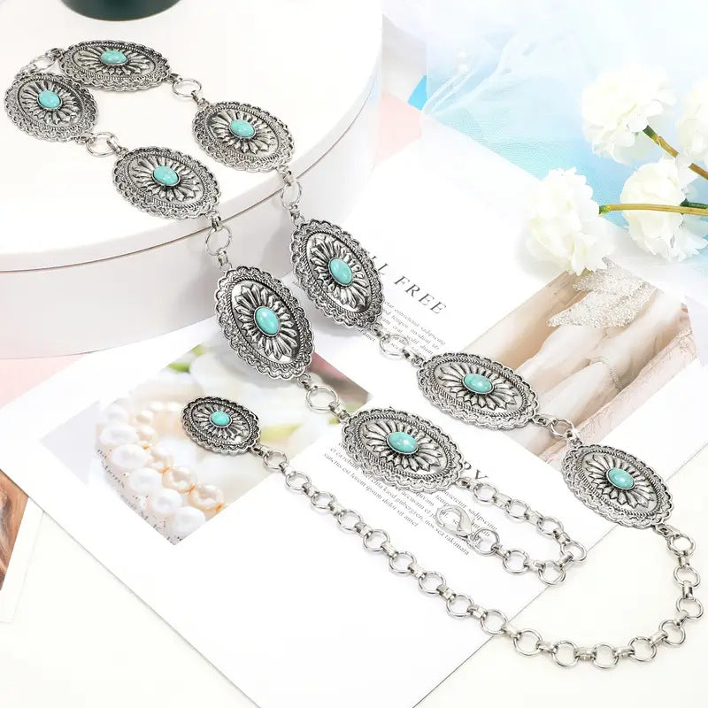 Vintage-Style Carved Belt with Turquoise Inlay (Ethnic Style)