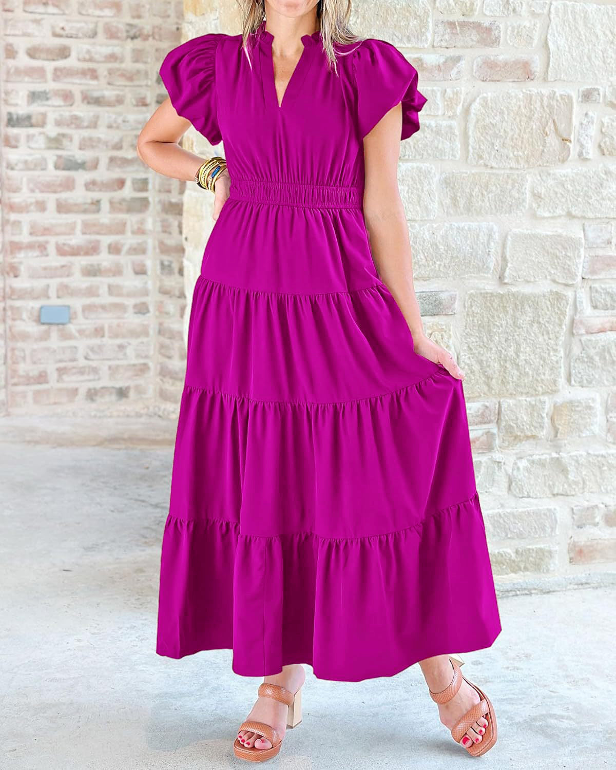 Tiered Dress with Puff Sleeves and Cinched Waist（BUY 2 FREE SHIPPING)
