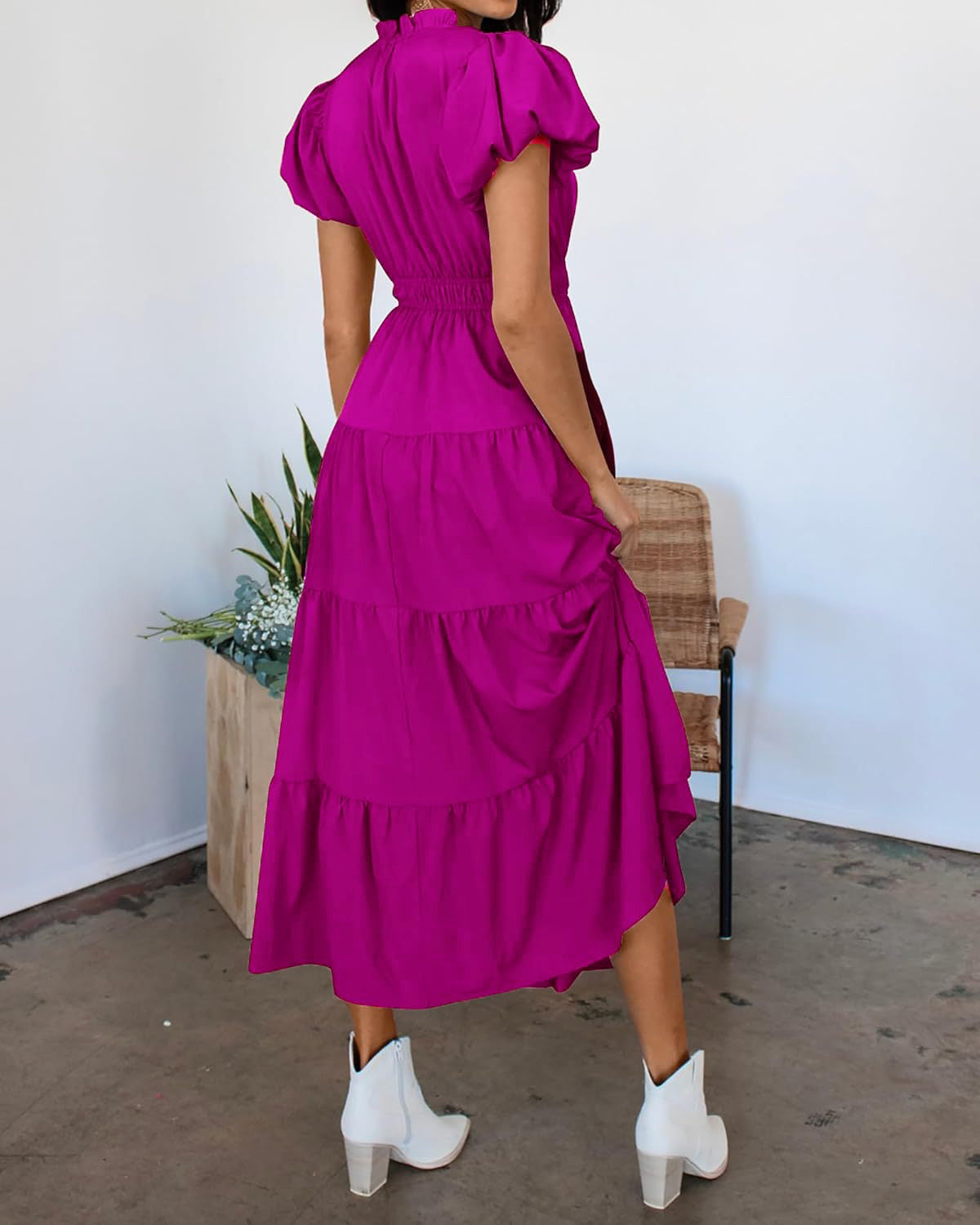 Tiered Dress with Puff Sleeves and Cinched Waist（BUY 2 FREE SHIPPING)