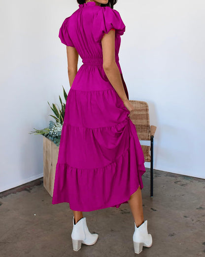 Tiered Dress with Puff Sleeves and Cinched Waist（BUY 2 FREE SHIPPING)