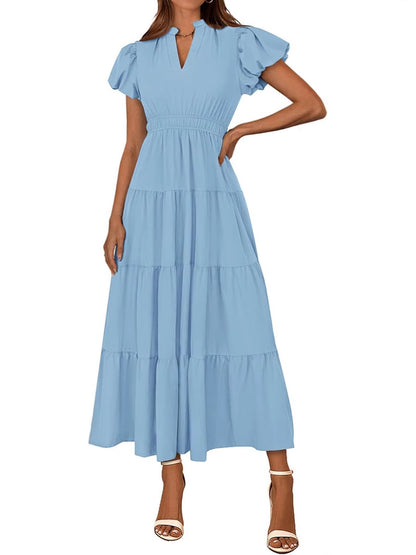 Tiered Dress with Puff Sleeves and Cinched Waist（BUY 2 FREE SHIPPING)