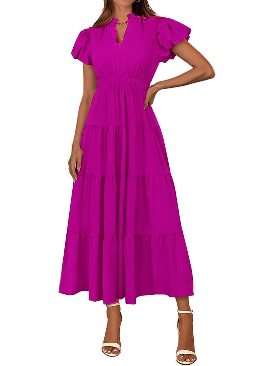 Tiered Dress with Puff Sleeves and Cinched Waist（BUY 2 FREE SHIPPING)