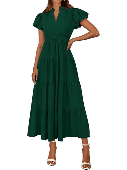 Tiered Dress with Puff Sleeves and Cinched Waist（BUY 2 FREE SHIPPING)