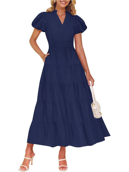 Tiered Dress with Puff Sleeves and Cinched Waist（BUY 2 FREE SHIPPING)
