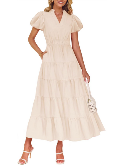 Tiered Dress with Puff Sleeves and Cinched Waist（BUY 2 FREE SHIPPING)