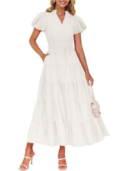 Tiered Dress with Puff Sleeves and Cinched Waist（BUY 2 FREE SHIPPING)