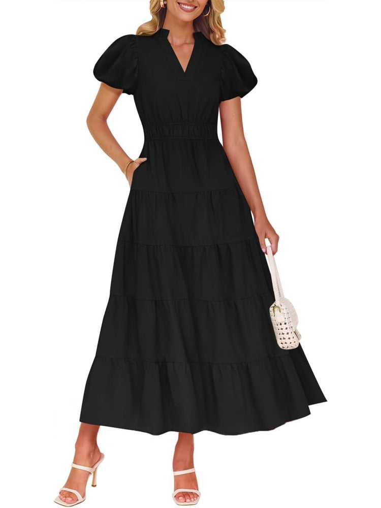 Tiered Dress with Puff Sleeves and Cinched Waist（BUY 2 FREE SHIPPING)