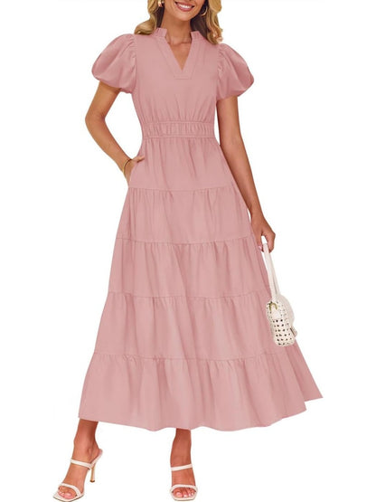 Tiered Dress with Puff Sleeves and Cinched Waist（BUY 2 FREE SHIPPING)