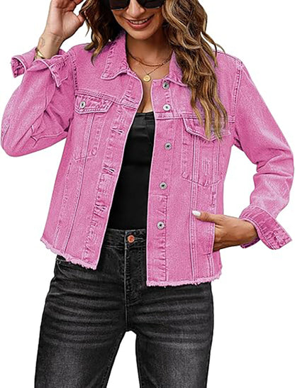 Women's Vintage Button-Up Raw-Hem Denim Jacket