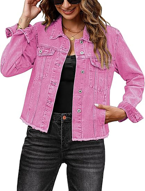 Women's Vintage Button-Up Raw-Hem Denim Jacket