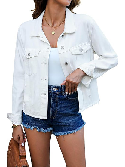 Women's Vintage Button-Up Raw-Hem Denim Jacket