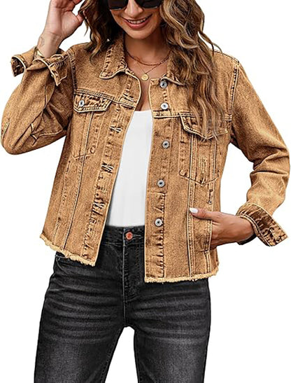 Women's Vintage Button-Up Raw-Hem Denim Jacket