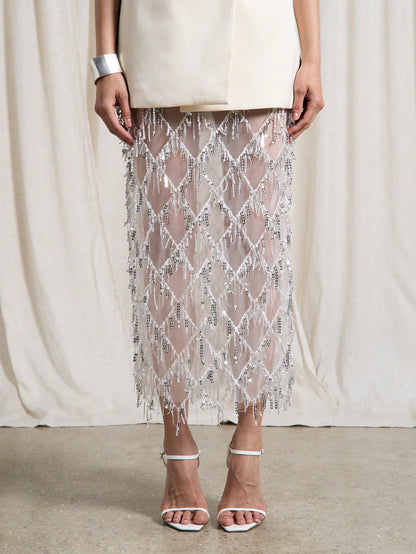 Beaded Crystal Mesh Overlay Skirt（BUY 2 FREE SHIPPING)