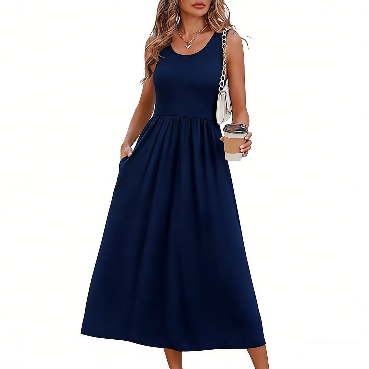 2026 Summer Women's Sleeveless Printed Vest Dress with Pockets