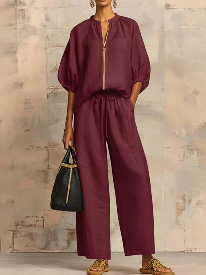 Casual Loose Solid Color Zipper Round Neck Wide-Leg Pants Set