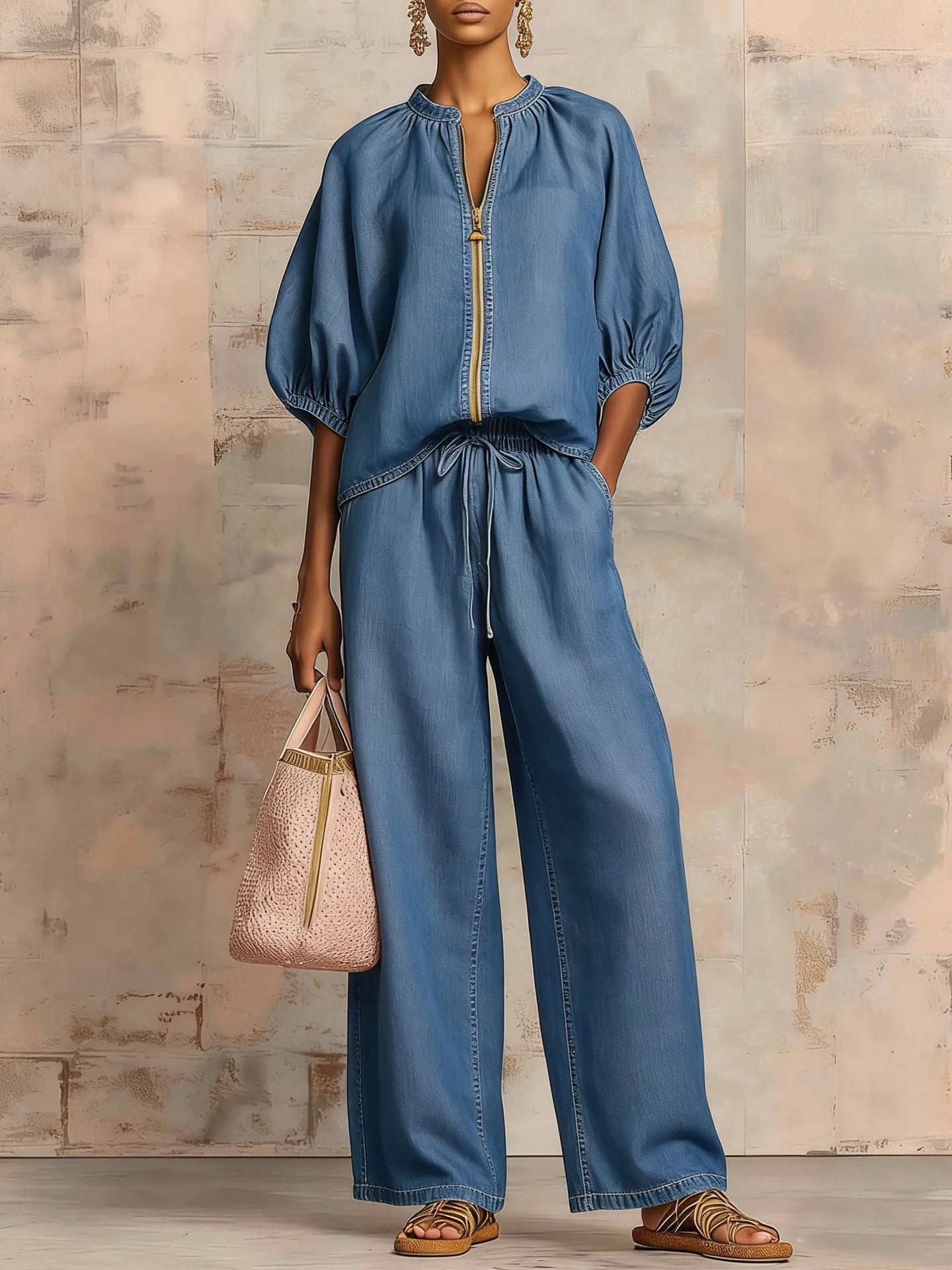 Casual Loose Solid Color Zipper Round Neck Wide-Leg Pants Set
