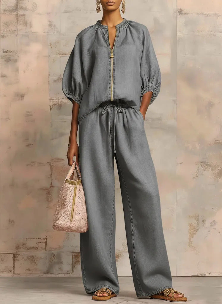 Casual Loose Solid Color Zipper Round Neck Wide-Leg Pants Set