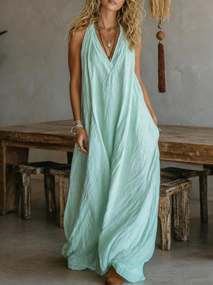Solid color loose V-neck sleeveless casual long dress(BUY 2 FREE SHIPPING)