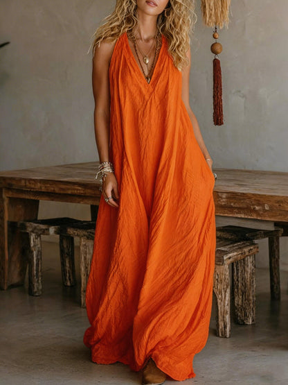 Solid color loose V-neck sleeveless casual long dress(BUY 2 FREE SHIPPING)