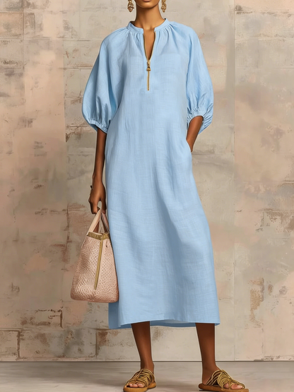 Solid color cotton linen loose casual puff sleeve dress for women