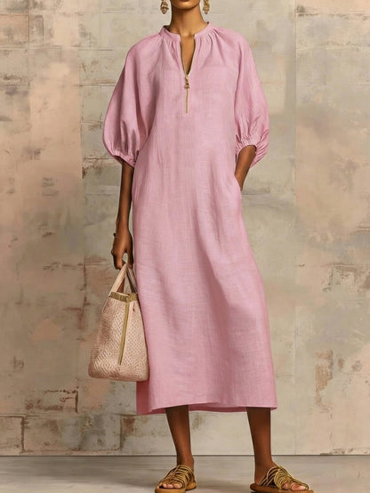 Solid color cotton linen loose casual puff sleeve dress for women