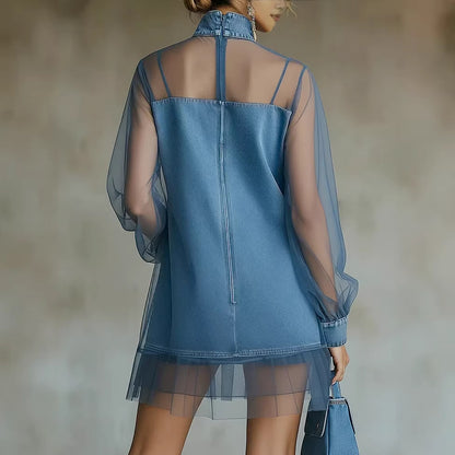 Denim Mesh Patchwork Mini Dress