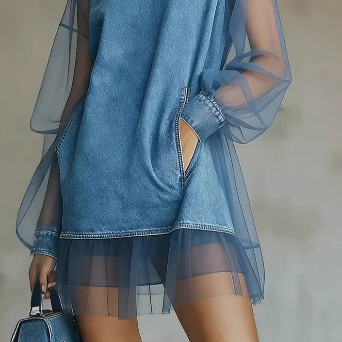 Denim Mesh Patchwork Mini Dress