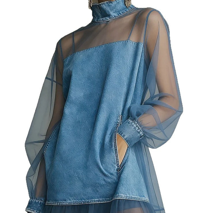 Denim Mesh Patchwork Mini Dress