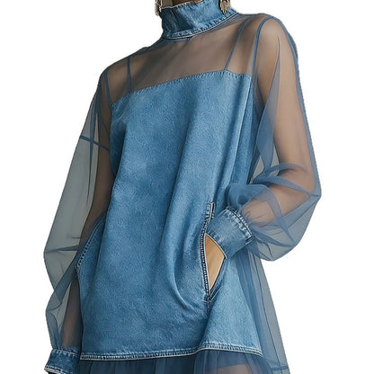 Denim Mesh Patchwork Mini Dress