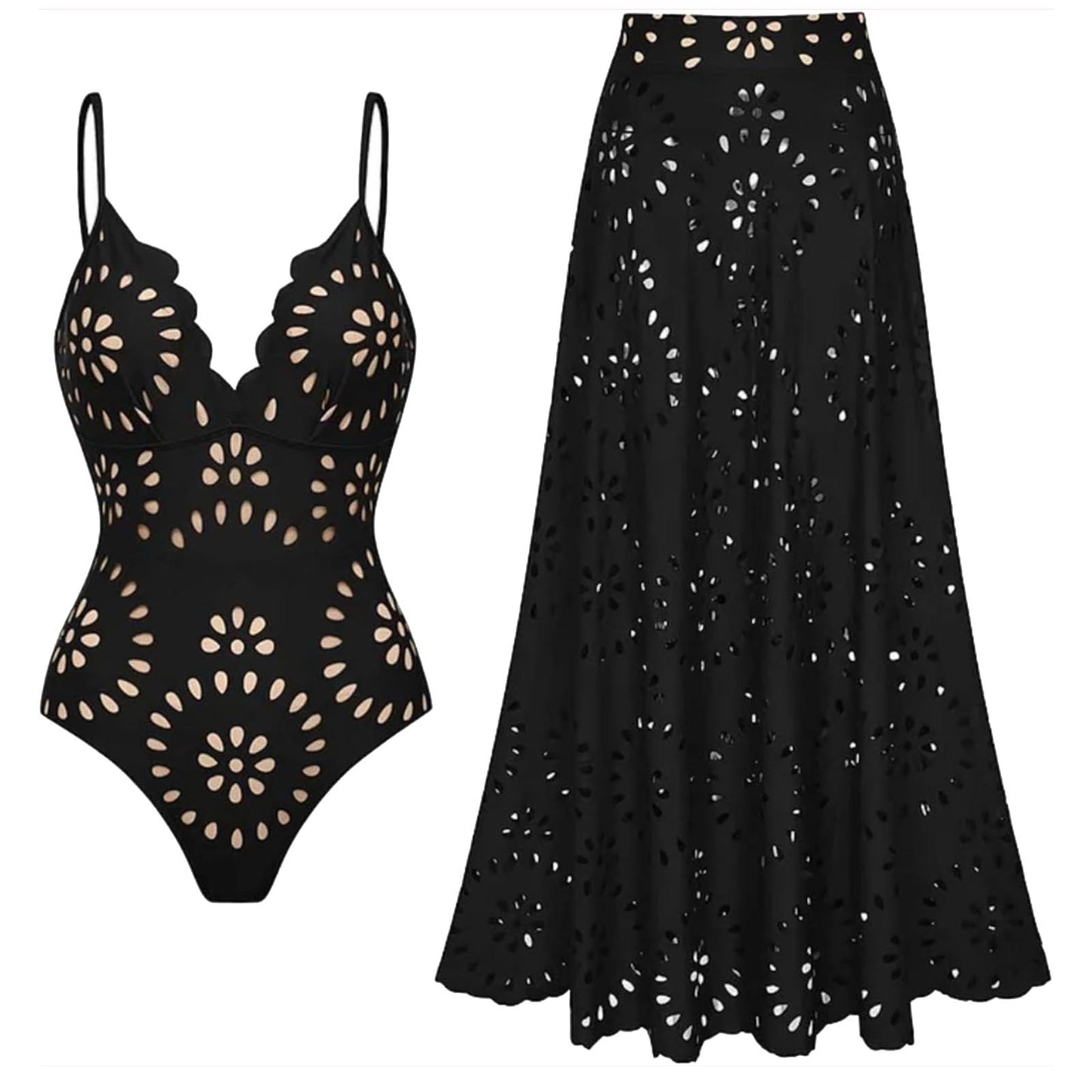 Women's One Piece Bathing Suit Petal Hollow V Neck Swimsuit and Skirt