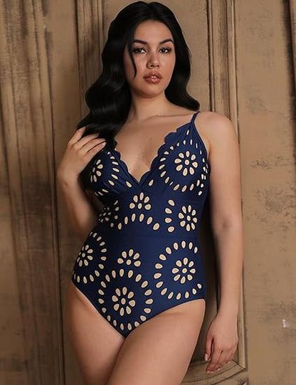 Women's One Piece Bathing Suit Petal Hollow V Neck Swimsuit and Skirt